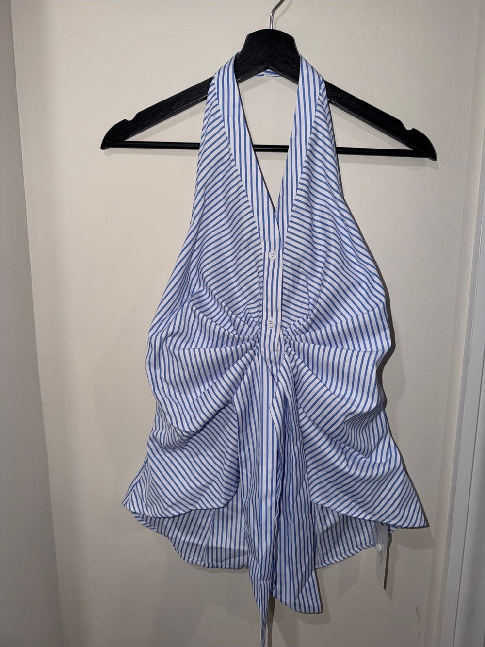 Commense Blue and White Striped Halter Tie-Front Top